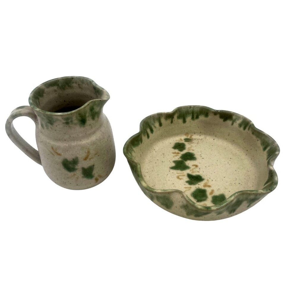 Handcrafted Vintage Studio Pottery Pitcher Scalloped Bowl Set Green Ivy Pattern